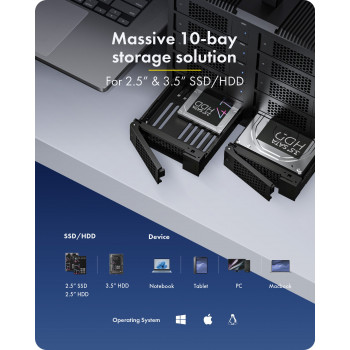 ICY BOX IB-3710-C31 10 paikan USB 3.2 Gen 2 JBOD-kotelo 2,5 tuuman/3,5 tuuman SATA HDD/SSD-asemille, Single Mode, USB-C-C-kaapeli, 200 W virtalähde, musta
