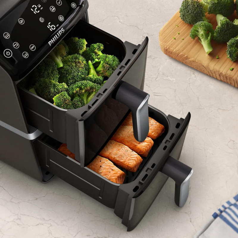 Philips Ovi Stacked Dual Basket 4000 kuumailmafriteerauskeitin 9L 2700W musta & hopea NA461/00