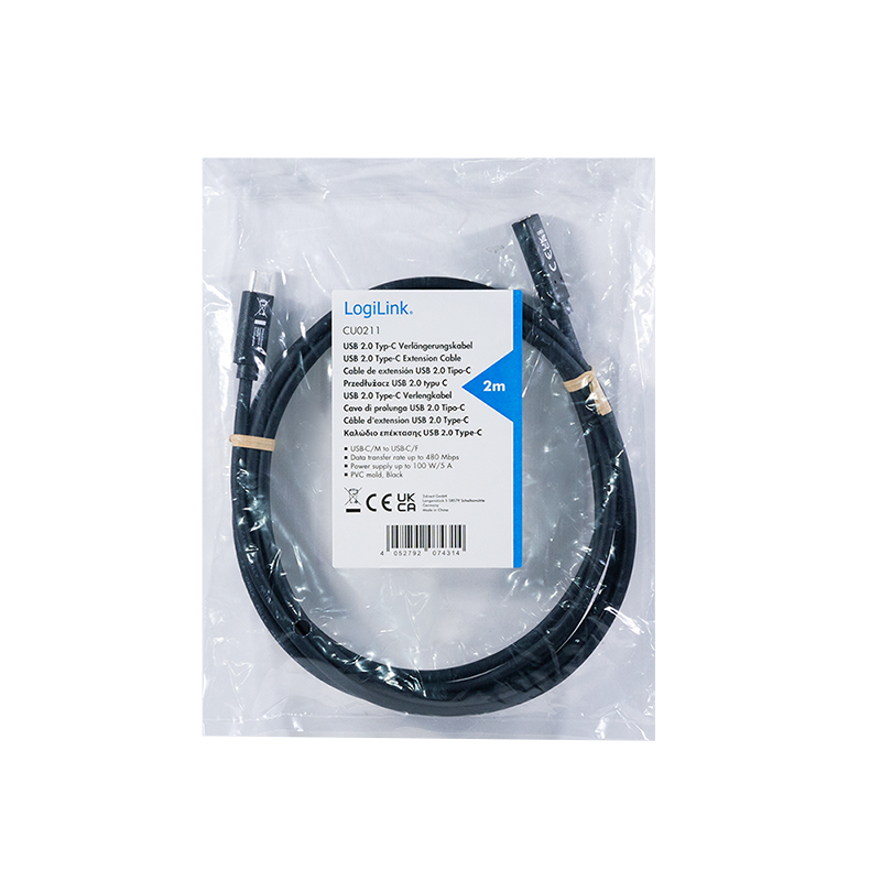 LogiLink CU0211 USB-C jatkojohto 100W 2m musta