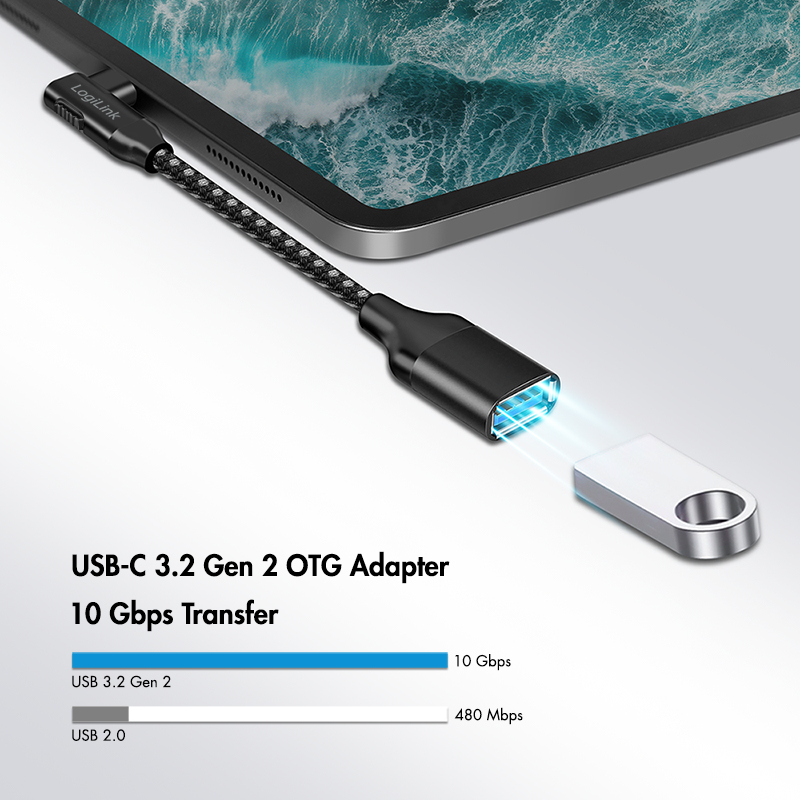 LogiLink CU0100 USB-C - USB-A sovitinjohto, 0,2 m, 10 Gbps, 90° kulma, musta