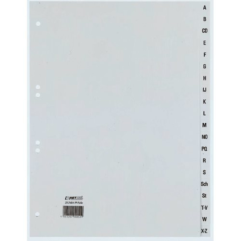 REXEL HETZEL A4 A-Z rekisteri, 20 välilehteä, polypropeeni, harmaa, 80-80-80 mm rei'itys 25240481