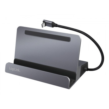 LogiLink UA0408 USB-C-telakka tablettitelineellä, HDMI 4K@60Hz, 100W PD, Gigabit Ethernet, hopea