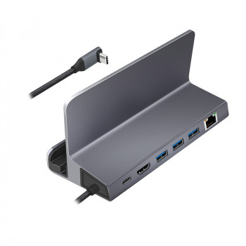 LogiLink UA0408 USB-C-telakka tablettitelineellä, HDMI 4K@60Hz, 100W PD, Gigabit Ethernet, hopea