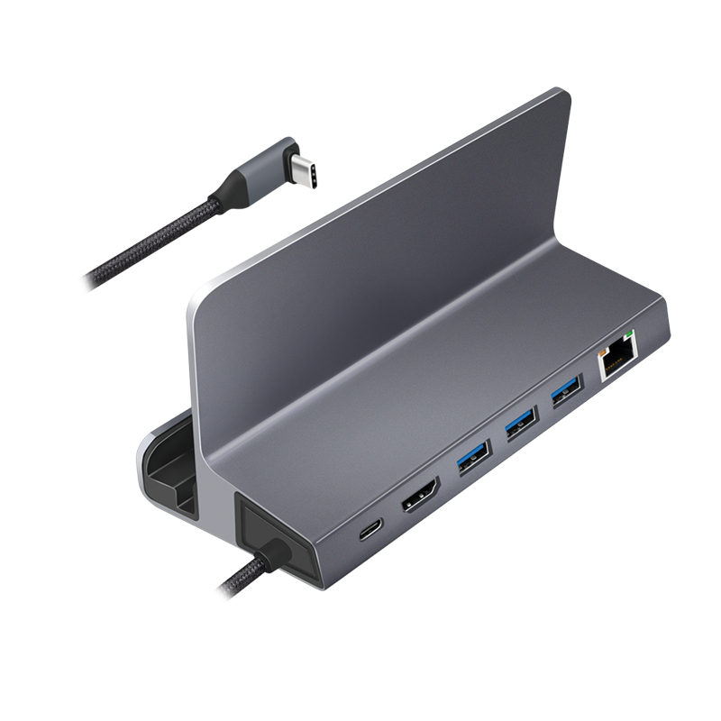 LogiLink UA0408 USB-C-telakka tablettitelineellä, HDMI 4K@60Hz, 100W PD, Gigabit Ethernet, hopea