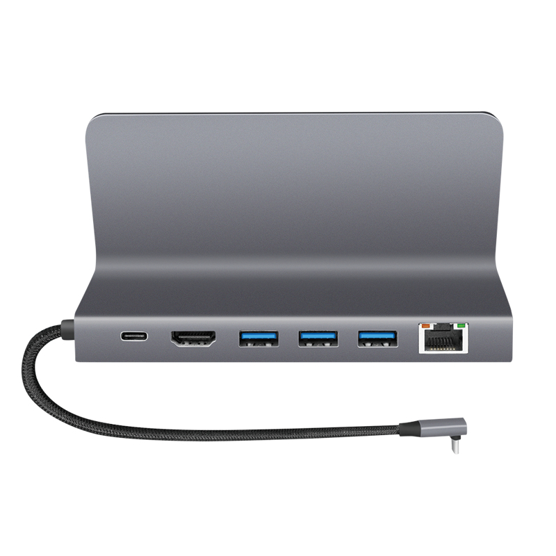 LogiLink UA0408 USB-C-telakka tablettitelineellä, HDMI 4K@60Hz, 100W PD, Gigabit Ethernet, hopea