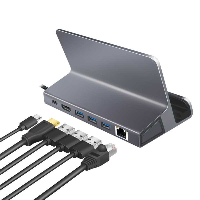 LogiLink UA0408 USB-C-telakka tablettitelineellä, HDMI 4K@60Hz, 100W PD, Gigabit Ethernet, hopea