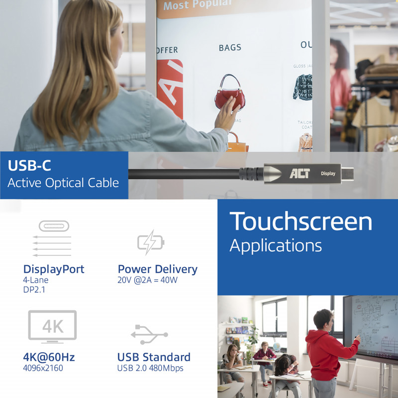 ACT USB-C 3.2 Gen2 Active Optical Cable (AOC), kosketusnäytöille, video, data, virta, 15m (AK4335)