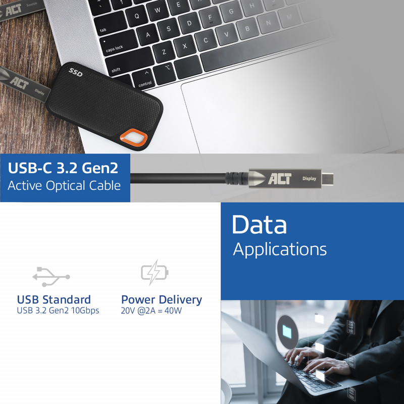 ACT USB-C 3.2 Gen2 Active Optical Cable (AOC), kosketusnäytöille, video, data, virta, 15m (AK4335)