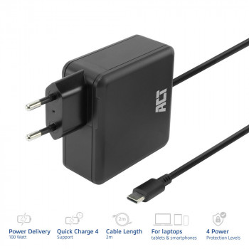 ACT USB-C kannettavan tietokoneen laturi 100W Power Delivery -profiileilla, 2 m (AC2015)