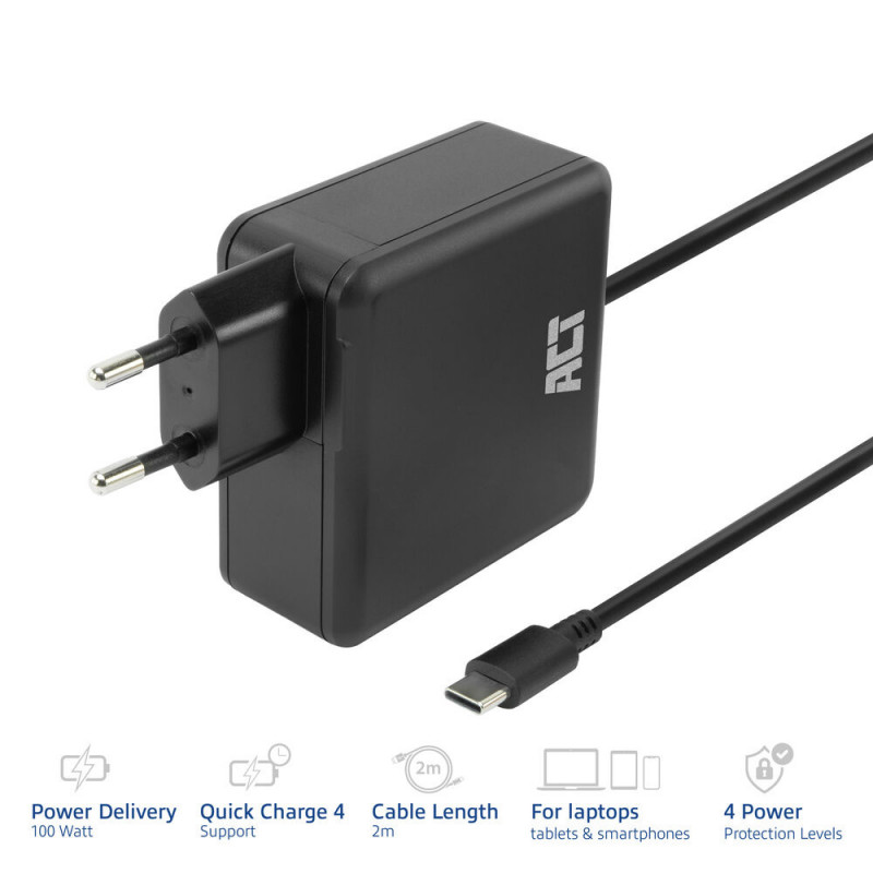 ACT USB-C kannettavan tietokoneen laturi 100W Power Delivery -profiileilla, 2 m (AC2015)