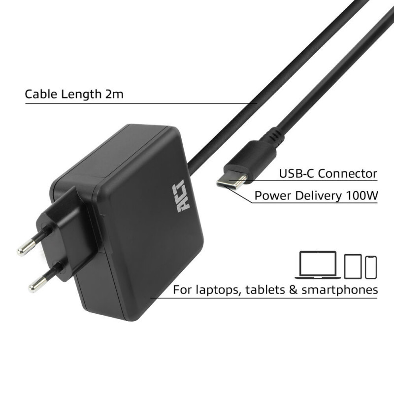 ACT USB-C kannettavan tietokoneen laturi 100W Power Delivery -profiileilla, 2 m (AC2015)