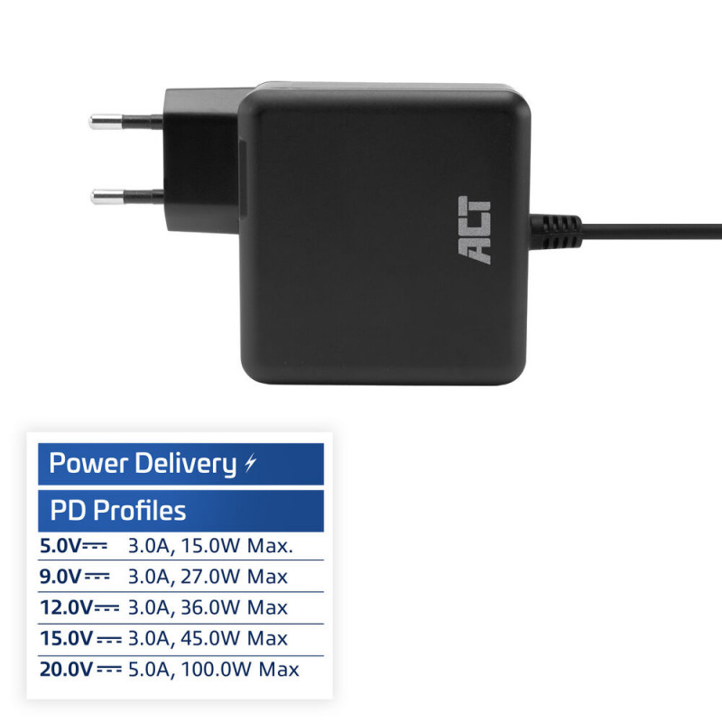 ACT USB-C kannettavan tietokoneen laturi 100W Power Delivery -profiileilla, 2 m (AC2015)
