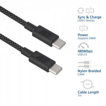 ACT USB 2.0 240W lataus-/datakaapeli USB-C - USB-C, musta, 1 m (AC3086)