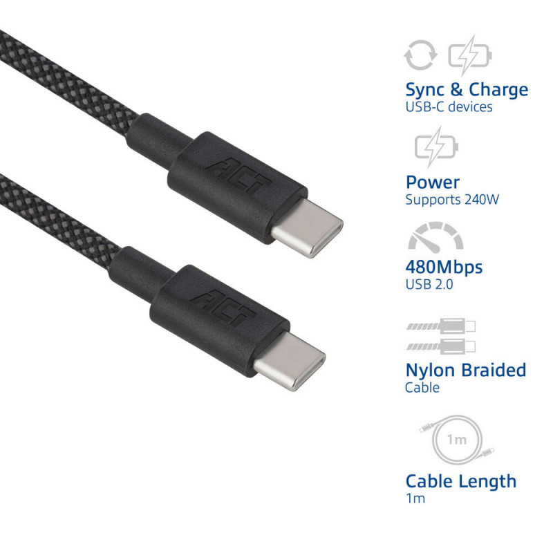 ACT USB 2.0 240W lataus-/datakaapeli USB-C - USB-C, musta, 1 m (AC3086)