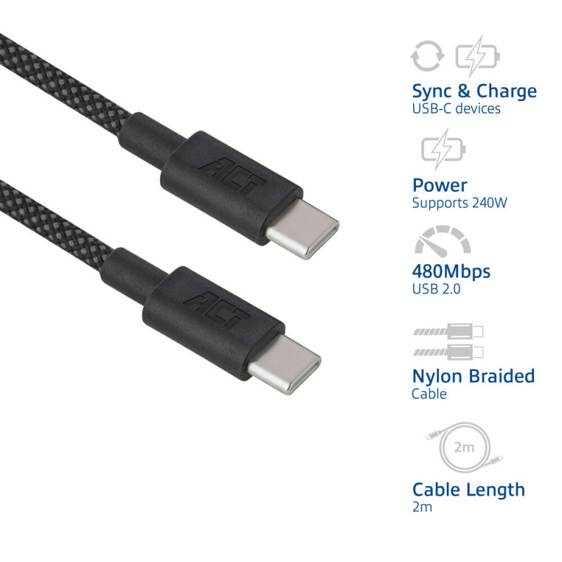 ACT USB 2.0 240W lataus-/datakaapeli USB-C - USB-C, musta, 2 m (AC3087)