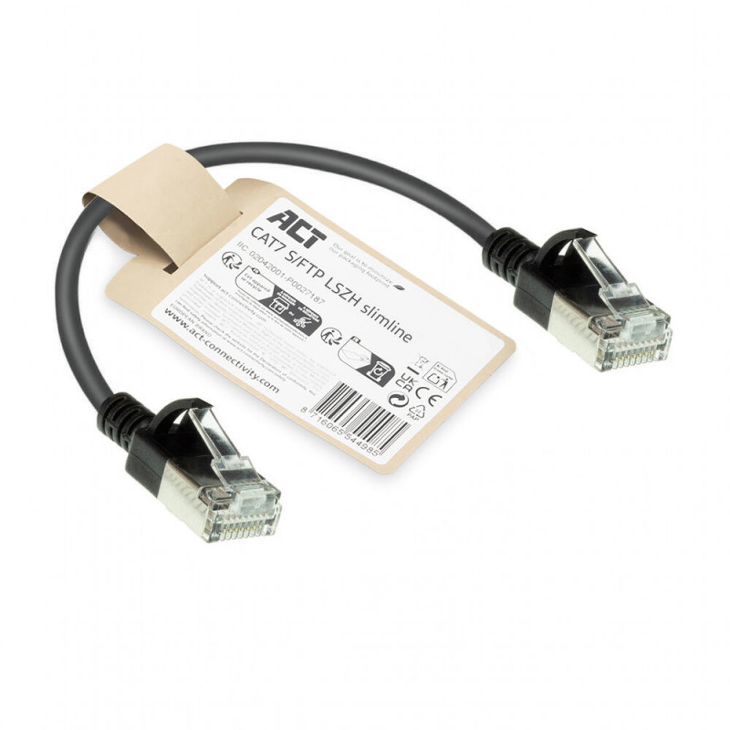 ACT musta 0,15 m LSZH S/FTP CAT7 Slimline -verkkokaapeli snagless RJ45-liittimillä (DF7930)