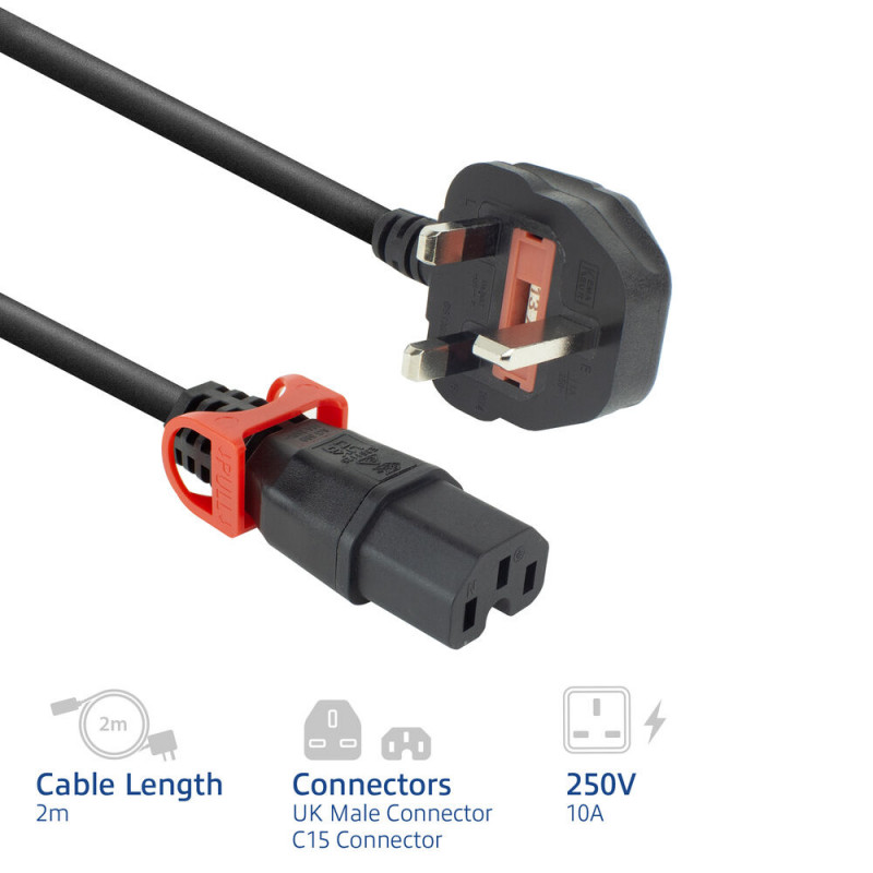 ACT virtakaapeli UK-pistoke - C15 IEC Lock+ musta 2 m, PC3884 (PL0082)