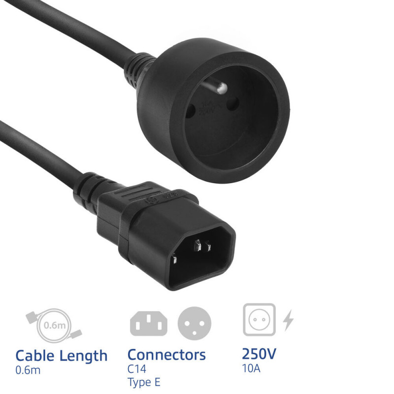 ACT virtakaapeli C14 IEC 60320 - tyyppi E -pistorasia (enimmäisvirta 10A) musta 0,6 m (AK5386)