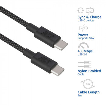 ACT USB 2.0 60W lataus-/datakaapeli USB-C - USB-C, musta, 1 metri (AC3082)