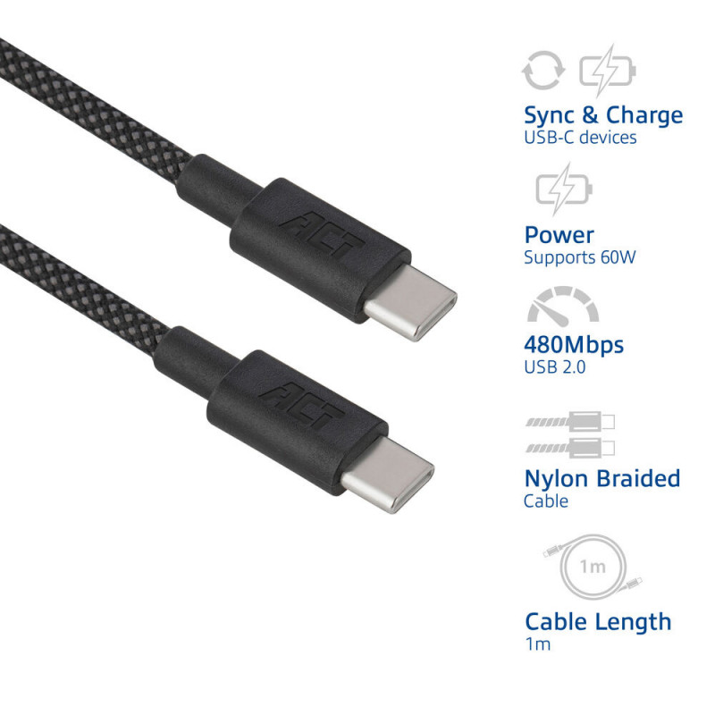 ACT USB 2.0 60W lataus-/datakaapeli USB-C - USB-C, musta, 1 metri (AC3082)