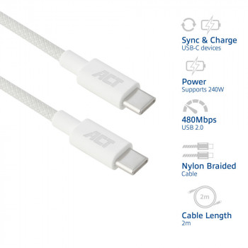 ACT USB 2.0 240W lataus-/datakaapeli USB-C - USB-C, valkoinen, 2 m (AC3085)