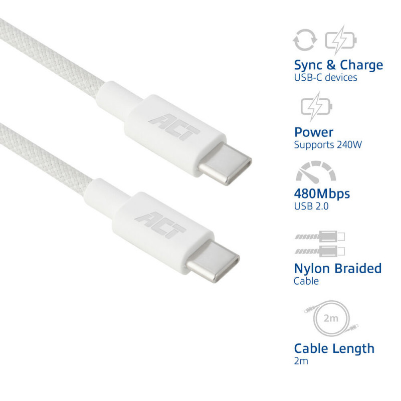 ACT USB 2.0 240W lataus-/datakaapeli USB-C - USB-C, valkoinen, 2 m (AC3085)