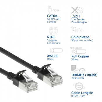 ACT musta 1 m LSZH S/FTP CAT6A Slimline patchkaapeli snagless RJ45-liittimillä (DB7901)