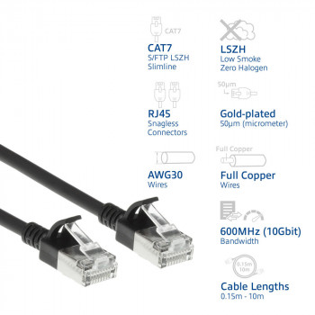 ACT musta 10 m LSZH S/FTP CAT7 Slim patchkaapeli snagless RJ45-liittimillä (DF7910)
