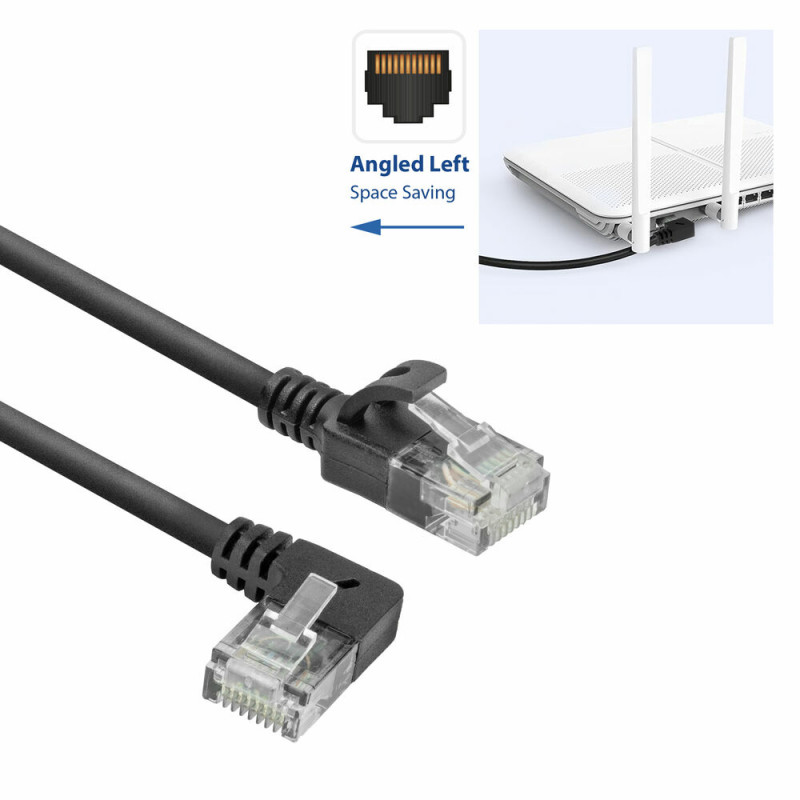 ACT DC1901 1m CAT6A U/UTP LSZH Slimline -verkkokaapeli, RJ45 90° kulma vasen suoraan, musta