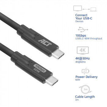 ACT AC7443 USB-C (M) – USB-C (M) -kaapeli, 24-napainen