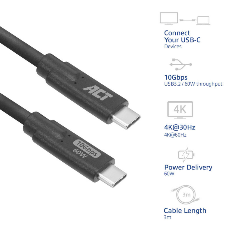 ACT AC7443 USB-C (M) – USB-C (M) -kaapeli, 24-napainen