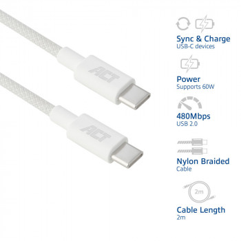 ACT USB 2.0 60W lataus-/datakaapeli USB-C - USB-C, valkoinen, 2 m (AC3081)