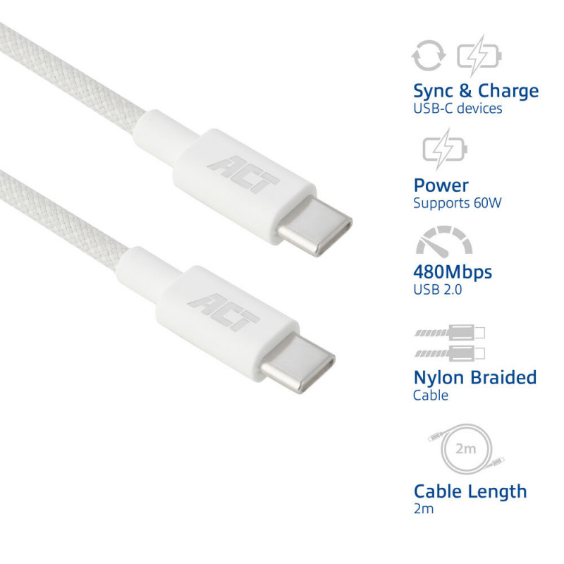 ACT USB 2.0 60W lataus-/datakaapeli USB-C - USB-C, valkoinen, 2 m (AC3081)