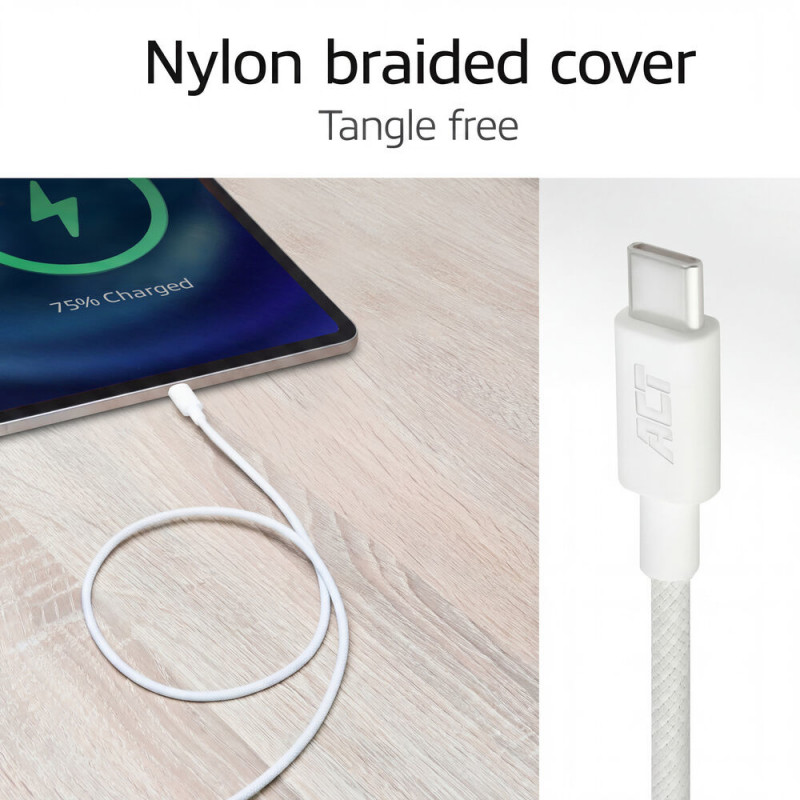 ACT USB 2.0 60W lataus-/datakaapeli USB-C - USB-C, valkoinen, 2 m (AC3081)