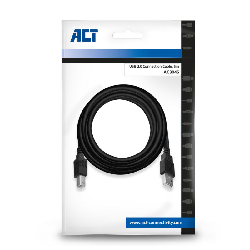 ACT AC3045 USB 2.0 -kaapeli, USB-A-uros USB-B-urokseen, 5 m, musta