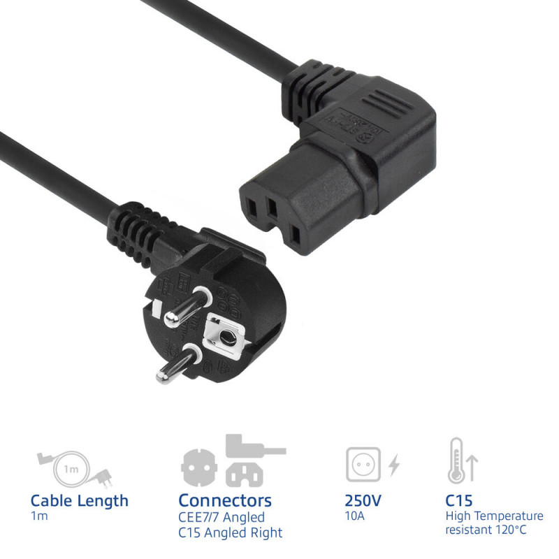 ACT AK5349 virtakaapeli Schuko CEE 7/7 -pistoke kulma IEC C15 -liitäntä kulma oikea 1 m musta