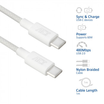 ACT USB 2.0 60W lataus-/datakaapeli USB-C - USB-C, valkoinen, 1 m (AC3080)