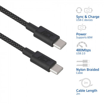 ACT USB 2.0 60W lataus-/datakaapeli USB-C - USB-C, musta, 2 m (AC3083)