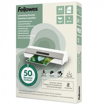 Fellowes laminointikalvot A6 kiiltävä 160 mikronia 100 kpl:n pakkaus - 50 % kierrätysmateriaalia 100143441
