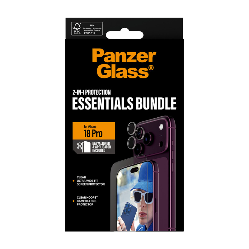 PanzerGlass Essentials 2-in-1 näytönsuoja ja kameran linssinsuoja iPhone 18 Pro -puhelimelle