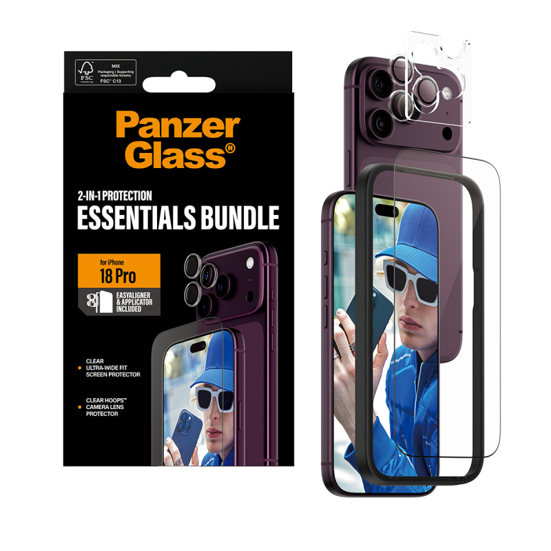 PanzerGlass Essentials 2-in-1 näytönsuoja ja kameran linssinsuoja iPhone 18 Pro -puhelimelle