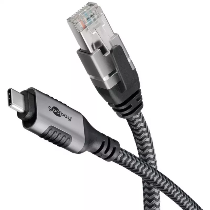 Ethernet-kaapeli USB-C 3.2 Gen2 uros > RJ-45 uros, LAN-sovitin musta/hopea, 2 metriä, punottu tekstiilivaippa