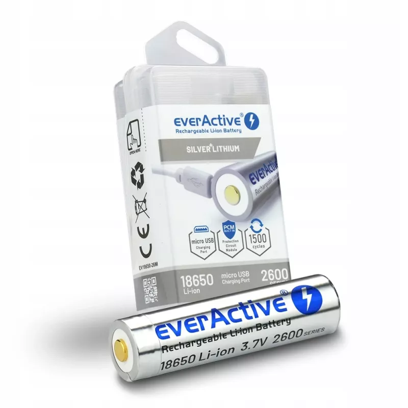 Akku everActive 18650 3.7V Li-ion 2600mAh micro USB suojauksella BOX