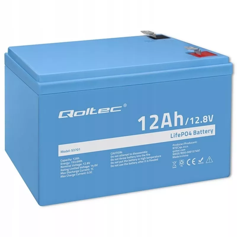 Qoltec LiFePO4 litiumrautfosfaattiakku 12,8 V 12 Ah 153,6 Wh BMS:llä