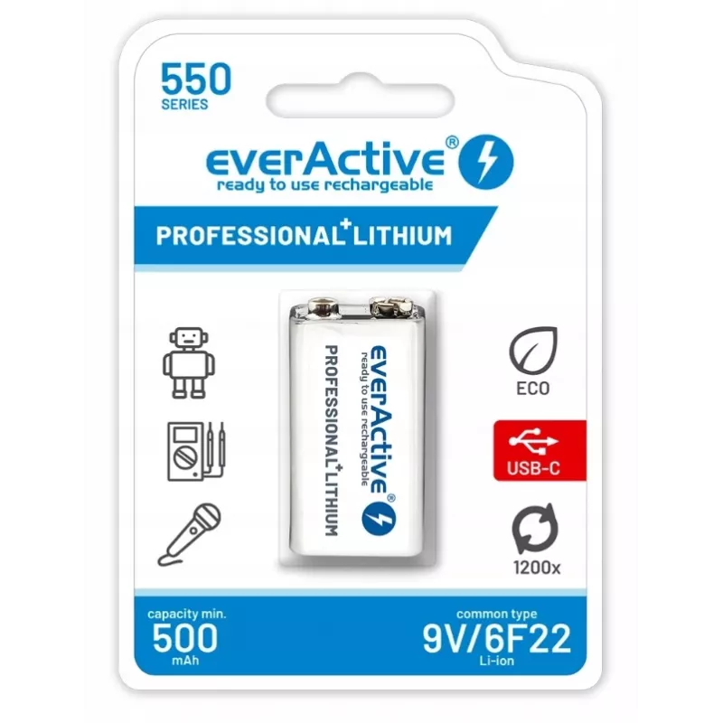 Ladattava akku everActive 6F22/9V Li-ion 550 mAh USB TYPE C:llä
