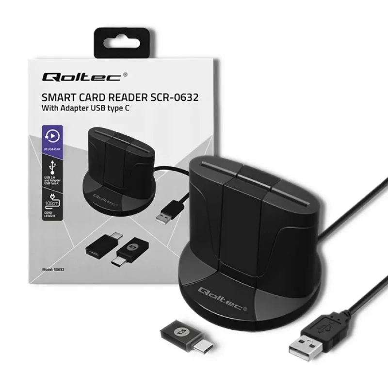 Älykortinlukija Qoltec 50632 USB 2.0 musta 1 m kaapeli
