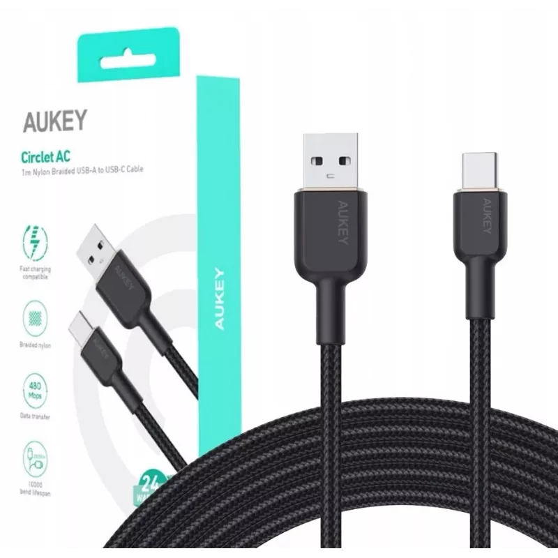 USB-A - USB-C -kaapeli Aukey CB-NAC1, 1 m, punottu nailon, USB PD 60 W, USB 2.0