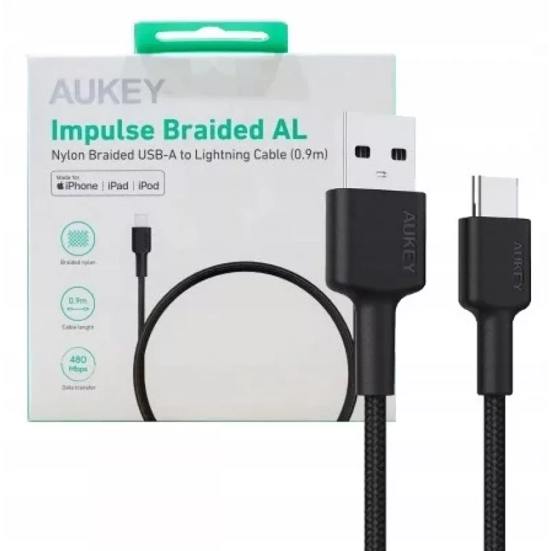AUKEY CB-CD30 USB-A–USB-C-kaapeli 0,9 m, nailonpunos, 60W PD, 3A, musta