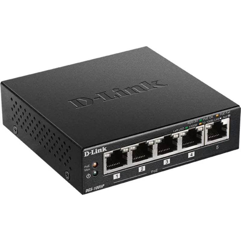 D-Link DGS-1005P/E -verkkokytkin, hallitsematon, Gigabit Ethernet (10/100/1000), Power over Ethernet (PoE), musta