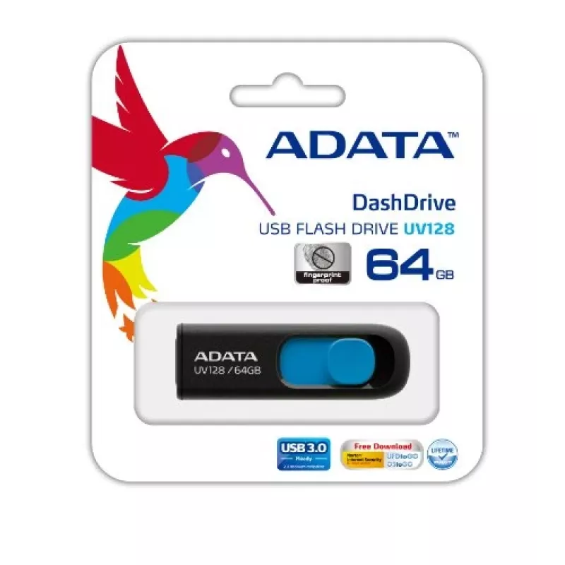 ADATA 64GB DashDrive UV128 USB-muistitikku USB Type-A 3.2 Gen 1 (3.1 Gen 1) musta, sininen